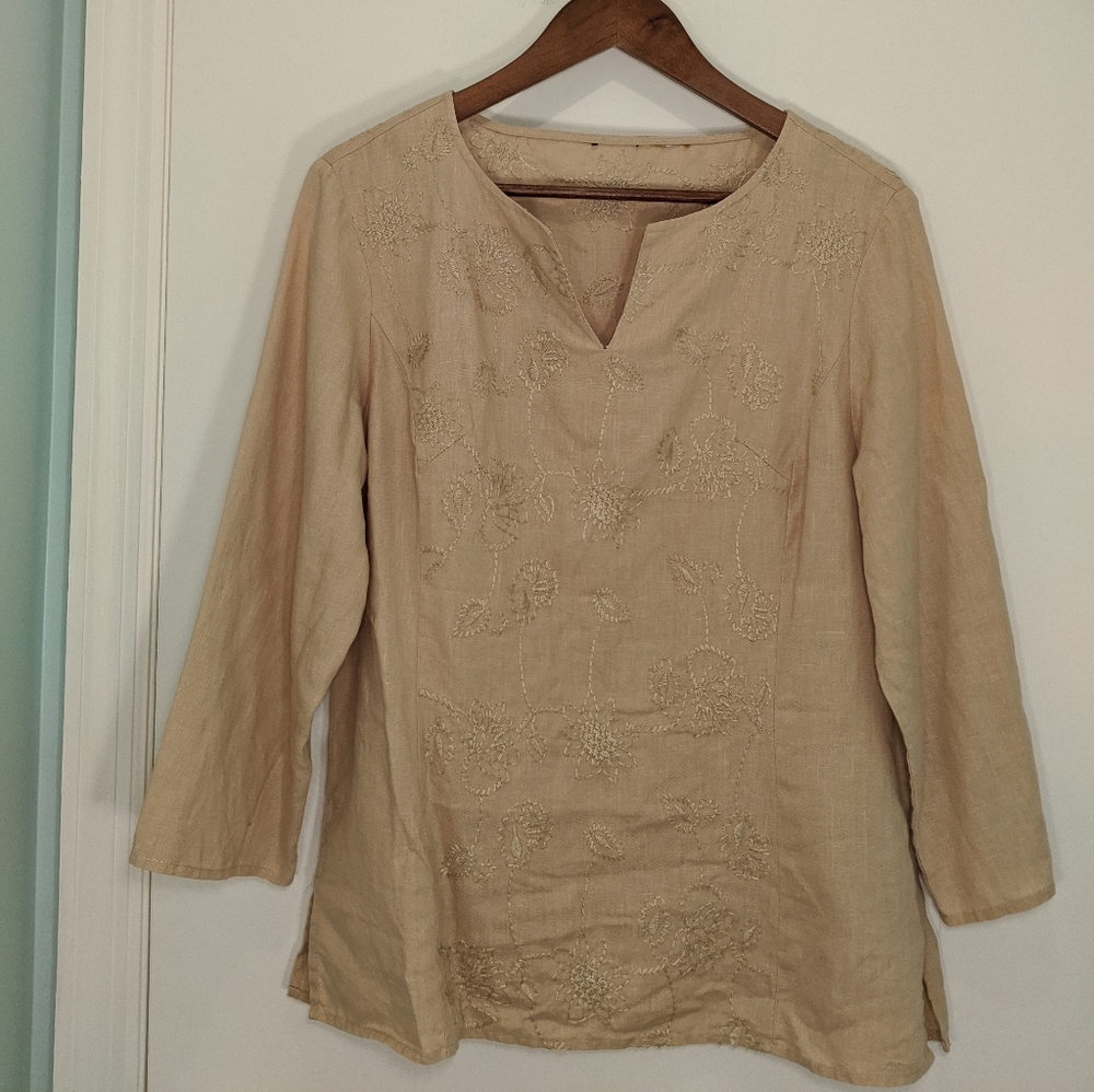 Tan Linen  Long Sleeve Tunic with Embroidery